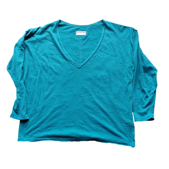 Free People Harbor Teal V Neck Long Sleeve Top Casual T-Shirt Medium - Picture 1 of 5